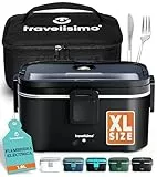TRAVELISIMO - Fiambrera Electrica Extra Grande 1,8L - Taper Electrico para Comida 80W - Fiambrera Termica 3 en 1 12V/24V/220V - Fiambreras Comida Trabajo para Coche, Camión - Acero Inoxidable