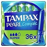 Tampax Tampones Pearl Compak Super Con Aplicador Suave, Pack de 36, 3 en 1 Protección Antifugas, Comodidad Y Fácil Inserción
