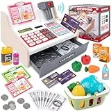 JONRRYIN Caja Registradora Juguetes para Niños, Máquina Registradora Juguete con Escáner Calculadora Comida Dinero, Supermercado Juguete Regalo para Pequeña 3 4 5 6 7 Años (Blanco)
