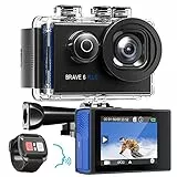 AKASO Brave 6 Plus Cámara Deportiva 4K30FPS WiFi 20MP - Cámara de Accion Pantalla Táctil, Estabilización Electrónica, Cámara Acuatica Sumergible 40M, Control por Voz, 2 Baterías y Kit de Accesorios