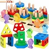 GUHAOOL Juguetes Educativos Montessori de Apilar y Encajar, Juegos Educativos Niños, Apilador Geométrico de Madera con Pesca de Madera, Clasificar y Apilar Juguetes Regalos para Niños Niñas 1 2 3 Años