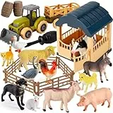 BUYGER Figuras de Animales de Granja Juguetes con Camión Desmontable y Valla, Varios Tamaños Figurita Animal Juguete Regalos para Niños de 3 4 5 Años