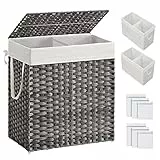 SONGMICS Cesto de Ropa Sucia con Tapa, Cesta Ropa Sucia 110 L, 2 Compartimentos, Bolsa Extraíble con Asas, Tejido a Mano, para Dormitorio, Baño, Lavandería, 33 x 57 x 60 cm, Gris LCB252G01