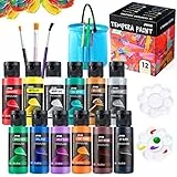 JOYIN Juego de 12 Témperas Lavables para Niños (2 Onzas C/U) Con 6 Pinceles, 2 Paletas y 1 Cubo - Pintura Líquida No Tóxica para Póster
