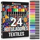 24 Rotulador Textil Permanente - Rotuladores para Tela No Tóxica y Indeleble, Rotulador Permanente con Punta Fina - Perfecto para Camisetas, Bolsas, Tote Bag y Otros Tejidos - Para Niños y Adultos