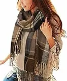 heekpek Bufanda Mujer Invierno Otoño Tartan Bufanda Caliente Suave Larga Bufanda Cachemira Mujer con Borlas, Caqui y beige
