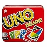 Mattel Games UNO Deluxe en Caja metálica, Juego de 108 Cartas para familias, niños y Adultos, 2-10 Jugadores, Partir de 7 años, (Mattel K0888)