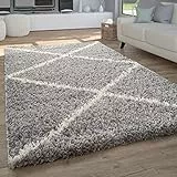 Paco Home Alfombra Salón Pelo Largo Shaggy Pelo Largo A Rombos Escandinava, tamaño:160x220 cm, Color:Gris