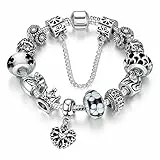 A TE® Charm Pulsera Abalorio Murano Cristal Vidrio Perlas con Cadena de Seguridad Chapado Blanco Oro #JW-B110 (Negro)