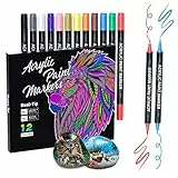 Sonlaryin Rotuladores Acrilicos, 12 Colores Rotuladores de Pintura Acrílica Doble Punta con Fina y Pincel, Rotuladore Acrilicos Permanentes para Roca, Cristal, Cerámica, Plastico, Tela, Metal