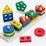 Wisplye Juguetes de Madera para Apilar y Encajar para Bebés con 20 Bloques Geométricos de Colores, Montessori Apilables Educativos Apilador Maderapara Niños Niñas Bebés de 2 3 4 5 Años