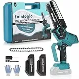 Sainlogic Mini Motosierra Bateria 6 Pulgadas, 2x2000 mAh Baterías, Motosierra Eléctrica Inalámbricas con Cerradura de Seguridad, Eléctrica Motosierra de Mano Pequeñas Sierra Podar (Azul negro)