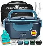 TRAVELISIMO Fiambrera Electrica 80W Taper Electrico para Comida 1,5L Fiambrera Termica 3 en 1 12V/24V/220V - Lonchera Termica Para Coche y Camión, Marmita Electrica en Acero Inoxidable