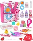 GAGAKU Juego de accesorios para muñecas de bebé, juego de alimentación y cuidado para muñecas de bebé, incluye bolsa de pañales, pañales para muñecas, juego de rol, duchas, comida y más, perfecto para