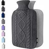 Botella de agua caliente con cubierta – Funda de punto suave – Gran capacidad de 1,8 l – Bolsa de agua caliente para aliviar el dolor, cuello y hombros (Gris Oscuro)