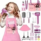 deAO Set Salón de Belleza Juguetes Niña con Secador, Plancha, Peine, Espejo, Rizador, Clip, Delantal Etc. Estilismo y Peluquería Conjunto, Regalo para Niñas 3 4 5 6 7 8 Años, 27 Piezas