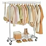 SONGMICS Burro Ropa con Ruedas, Perchero Burro Extensible con Carga Pesada, Capacidad de Carga Máx. de 100 kg, 45 x (92-132) x 161,5 cm, Fácil de Montar, Portátil, Plata HSR13S