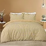 Sleepdown Juego de funda de edredón con fundas de almohada de borde volante, color amarillo mostaza, suave, de fácil cuidado, con diseño de cuadros, color amarillo mostaza, tamaño doble (200 x 200 cm)