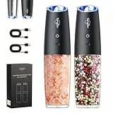 Sangcon 9 Oz Alta Capacidad Juego de Molinillos Eléctricos de sal y pimienta, Recargable USB,Operación con Una Sola Mano, Gravedad Molienda Automática con luz LED, Grosor Ajustable,2 Paquetes (Negro)