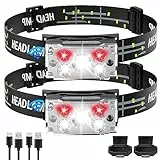 DAWINSIE Linterna Frontal LED (2 Pack) Recargable USB, Super Brillante Impermeable Linterna Cabeza Con Sensor de Movimiento y Luces de Advertencia Rojas para Camping Correr Pesca Ciclismo