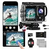 4K60FPS Cámara Deportiva con Pantalla Táctil,48MP con 64GB WiFi Camara Acuatica,40M Cámara Subacuática,EIS 170° Camara Acción con Mando, Micrófono y 2 Baterías.