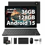 RUSHAR Tablet Android 15 con Teclado - 36GB RAM+ 128GB ROM(1TB TF), Tablet 10 Pulgadas, Octa-Core / 8000 mAh / 8MP+5MP / Widevine L1 / WiFi 6 / BT 5.0 / WPS/FM/Port Jack 3.5mm, Negro