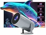 Gris Mini proyector portátil Auto Keystone, proyector Inteligente 4K/ 200 ANSI con WiFi 6, BT 5.4, Pantalla de 130 Pulgadas, Giro de 180 Grados, Sistema operativo Android Integrado 14.0