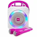 RockJam Máquina de Karaoke Bluetooth Recargable de 10 vatios con Dos micrófonos, Efectos de Cambio de Voz y Luces LED - Rosa
