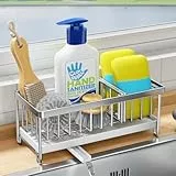 Kitstorack Soporte Esponja Fregadero, Soporte Estropajo Fregadero de Cocina, Organizador de Fregadero con Bandeja de Goteo Extraíble y Drenaje para Encimera, Organizador de Lavado (Plateado)