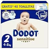 Dodot Pañales Bebé Sensitive, Talla 2 (4-8 kg), 240 Pañales + Regalo de 40 Toallitas Aqua Pure 99% Agua, Hasta 12 h De Protección Antifugas y Cuidado de la Piel, Pack Mensual