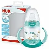 NUK First Choice+ Botella para aprender a beber, 6 – 18 meses, 150 ml, indicador de temperatura, boquilla antigoteo, asas ergonómicas, sin BPA, color verde