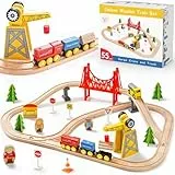Tiny Land Juego de Trenes de Grúa, 55 Piezas, Pistas de Madera y Grúa Exclusiva y Trenes, Adapta a Thomas Adapta a Brio, Kit de Ferrocarril de Juguete Empaquetado de Regalo