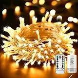 Qedertek Luces de Navidad Exterior, Guirnalda Luces 10M 100 LED, Cadena de Luces Pilas (no incluido) para Decoracion Navidad, Luces Blanco Calido de Arbol de Navidad, Patios (Línea Transparente)