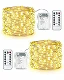 Qedertek 2 Piezas Luces de Navidad Exterior, 10M 100 LED Luces Guirnaldas con Pilas con Control Remoto, Cadena de Luces de Alambre de Plata, 8 Modos, Impermeable, Luz Blanco Calido de Arbol de Navidad