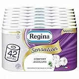 Regina Sensation - 42 rollos de papel higiénico, 160 tiras suaves de 3 capas, suave y resistente, con extracto natural de algodón, 60% plástico reciclado