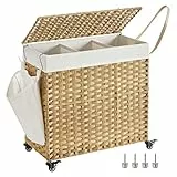SONGMICS Cesto Ropa Sucia con Tapa, 140 L, Cesta Colada Estilo Ratán con Ruedas, con 3 Compartimentos, Bolsa Interior Extraíble, para Lavandería, Dormitorio, 66 x 33 x 66 cm, Natural LCB363N01