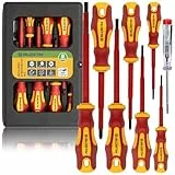 BLOSTM Juego de destornilladores aislados, juego de 8 destornilladores eléctricos probados por VDE a 1000 V, juego de destornilladores eléctricos de punta negra endurecida con diseño antivuelco,