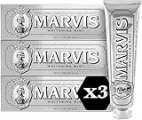 Marvis Pasta de dientes blanqueadora de menta de 3 × 85 ml que promueve el blanqueamiento dental natural, la pasta de dientes elimina la placa y aporta frescura duradera
