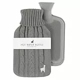 Nordstern Bolsa de agua caliente premium con funda de punto suave, botella de agua caliente a prueba de fugas para aliviar el dolor, botella de cama de caucho natural para niños y adultos, color gris