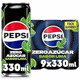 Pepsi zero Lima Refresco de cola con cero azúcar y cero calorías, pack de 9 latas de 330 ml, 2.97 litros en total
