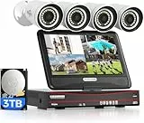Hiseeu Kit de Cámaras de Vigilancia PoE 8CH 5MP, Sistema de Cámara Vigilancia con 10 Pulgada de Monitor,4x Cámara de Seguridad Exterior con Disco Duro de 3TB, Visión Nocturna Color