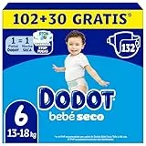 Dodot Pañales Bebé-Seco, Talla 6 (13-18 kg), 132 Pañales + Regalo de 1 Pack de 10 Toallitas Aqua Pure 99% Agua, Una Noche Hasta Un 100% Libre De Fugas, Pack mensual