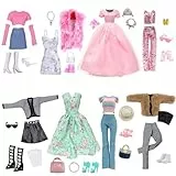 28 piezas de ropa y accesorios, 8 juegos de ropa elegante, vestido de princesa, trajes de vestir, 8 pares de zapatos, 12 accesorios, bolsa, sombrero, gafas, coronas, joyas, muñecas de 11.5 pulgadas