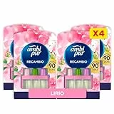 Ambipur 3Volution Lirio y Brisa Recambio De Ambientador Electrico 80ml, 3 Aromas Que Se Alternan Para Eliminar Olores, 4 Recambios