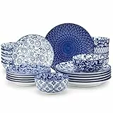 vancasso serie SELENE Vajillas Completas 6 Personas, Vajilla Modernas 24 Piezas de Porcelana Celadón - 6 Platos Llanos, 6 Platos de Postre, 6 Platos Hondos y 6 Cuencos - Estilo Chino en Azul y Blanco