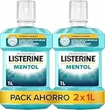 Listerine Mentol (pack de 2 x 1 L), enjuague bucal con flúor, colutorio bucal con 24 horas de protección, elixir bucal mentolado para un aliento fresco duradero