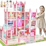 Casa de Muñecas para Niñas, 11 Habitaciones de 4 Pisos con 4 Muñecas y Accesorios de Mobiliario y Luces Intermitentes, Casa de Muñecas Princesa Juguetes Regalo para 3 4 5 6 7 8 Años de Edad