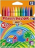 BIC Kids Plastidecor - Ceras para colorear, antimanchas para actividades creativas en casa y el colegio, Blíster de 12 Unidades (Paquete de 1), Colores surtidos, Clásico