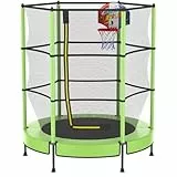PILIN Cama elástica Infantil con aro de Baloncesto, Cama de Salto de 145 cm para Interior y Exterior con Plumas, Red de Seguridad elevada, Juguete de cumpleaños para niños y niñas