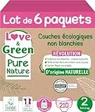 Love & Green Pure Nature Pack de 210 Couches écologiques non blanchies T2 x 35 (3-6 kg)